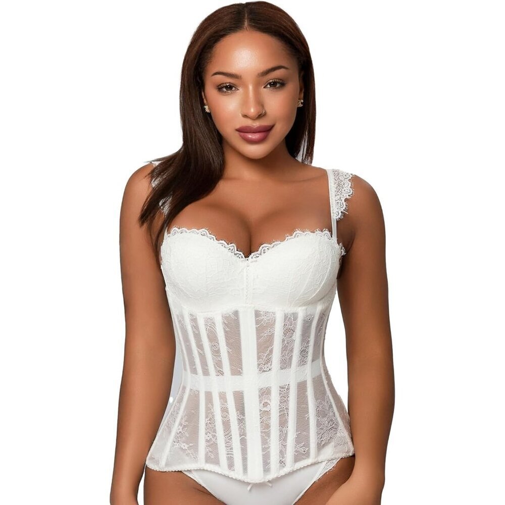 Women's White Lace Underbust Corset Lace Up Waist Trainer  Shapewear Body Shaper